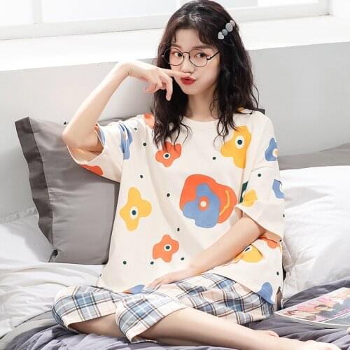 Pajamas Sets Women Summer Calf-length Plaid Loose Korean Style Kawaii Sweet Floral Sleepwear Chic Casual Plus Size 5XL Homewear