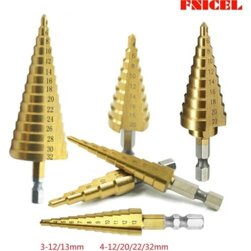 New Hss Step Cone Taper Drill Bit Hole Cutter Metric 1/4" Titanium Coated Metal Hex Bits Drill Core 3-12/13mm 4-12/20/22/32mm
