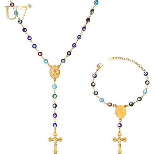 U7 New Colorful Eye Necklace Bracelet Set Cross Wholesale Trendy Stainless Long Womens Bead Rosary Necklaces Set S839