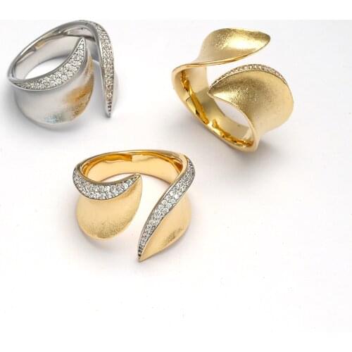 TIRIM Vintage Wide Ring Metal Women Rings Cubic Zirconia Ring Twin Leaf CZ Rings For Wemen Engagement Party jewelry Brushed ring