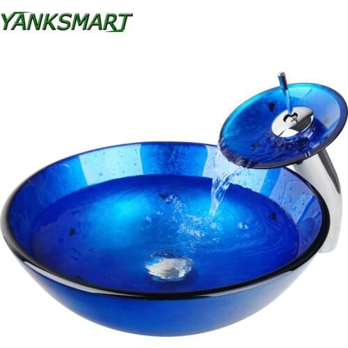 YANKSMART Blue Black Triangle Vessel Vanity Hand Painting Basin Sink Counter Top Bowl Tempered Glass Faucet Set With Drain
