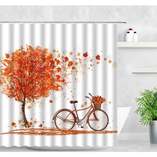 Autumn Red Maple Leaf Bicycle Shower Curtains Hand Painted Art Simple Tree Leaves Natural Scenery Bathroom Decor Hooks Curtain