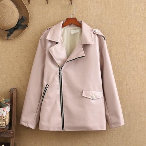 Women plus sizes Lapel Pu Leather Oblique Zipper multi-button embellished leather jacket fat girls in spring motorcycle leathers