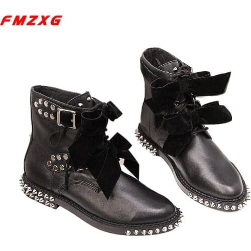 Womens Motorcycle Biker Shoes Women Boots Genuine Leather Rivets Soft Leather Winter Fashion High Quality Butterfly-knot Boots