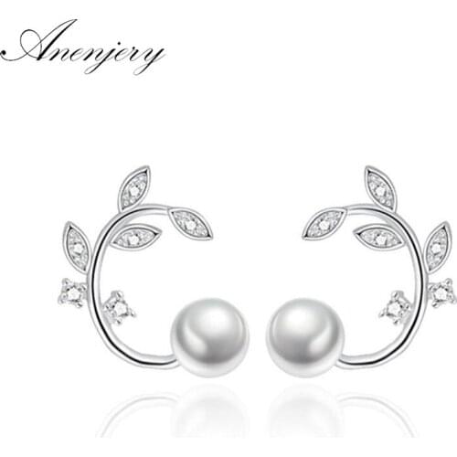 ANENJERY 925 Sterling Silver Simple Leaves Earrings For Women Zircon Pearl Stud Earrings Gift S-E261