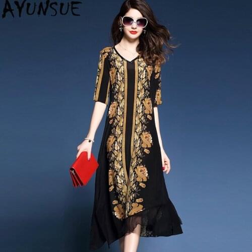 AYUNSUE 2020 New Spring Summer Silk Dress Women Floral Vintage Dress Elegant Long Dresses Party Vestidos De Verano KJ4679