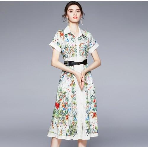 Women Summer Elegant Dress Shirt High Quality Vintage Office Party Robe Femme Floral Designer Casual Vestidos k5128