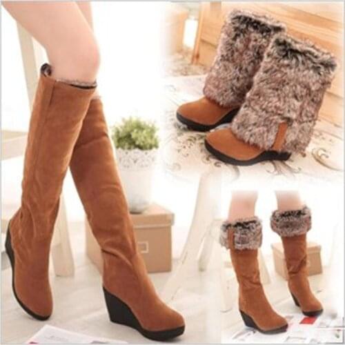 Winter Styles Fur Boots Ladies High Heels Platform Knee High Snow Boots Women 2020 Warm Fur Wedge Shoes Woman 896