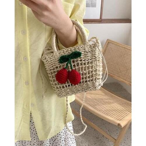 2021 New Women Shoulder Bag Women Casual Handmade Straw Crossbody Bag Cherry Print Mini Travel Beach Bag Inclined shoulder bag