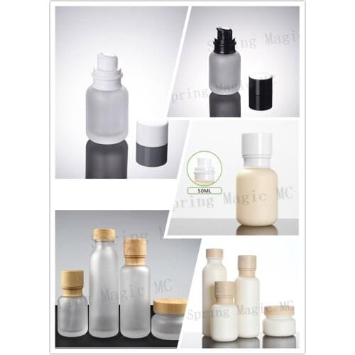 50PCS 50ML Frosted Glass Bottles With Wood Grain/White/Black Lid Portable pump Lotion Glass Bottle Empty Cosmetic Containers