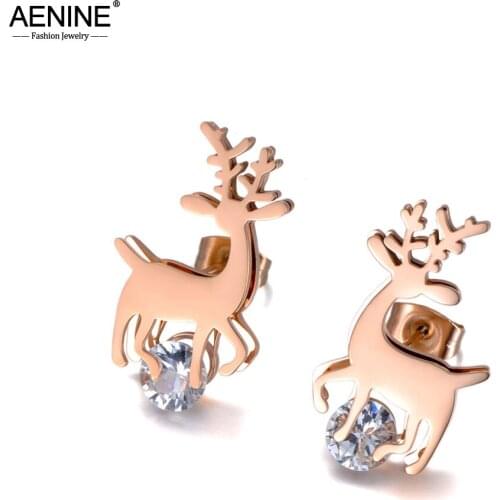 AENINE Trendy Titanium Stainless Steel Reindeer Earrings Jewelry White Crystal Stud Earrings For Women Christmas Gift AE20016