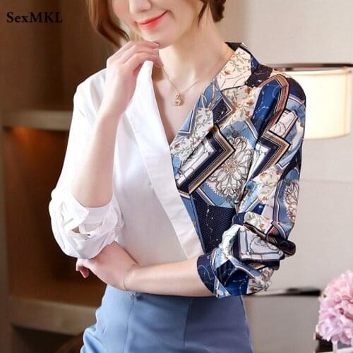 Women V Neck Long Sleeve Blouses 2021 Korean Fashion Patchwork Chiffon Office Shirts Sexy Autumn y2k Ladies Tops Blusas Mujer