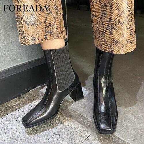 FOREADA High Heel Ankle Boots Woman Chelsea Boots Block Heel Shoes Square Toe Female Short Boots Autumn Winter Wine Red Size 41