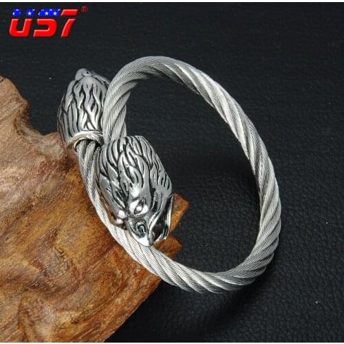 US7 Stainless Steel Hawk Bangle Silver Stripe Wire Bracelet Adjustable Size for Men Wristband Cuff Bracelet Fashion Accessories