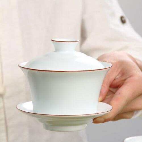 Jingdezhen Ding Kiln Matt White Browm Rim White Ceramic Gaiwan Gongfu Tea Brewing Teacup with Lid Jingdezhen Gaiwan 160ml