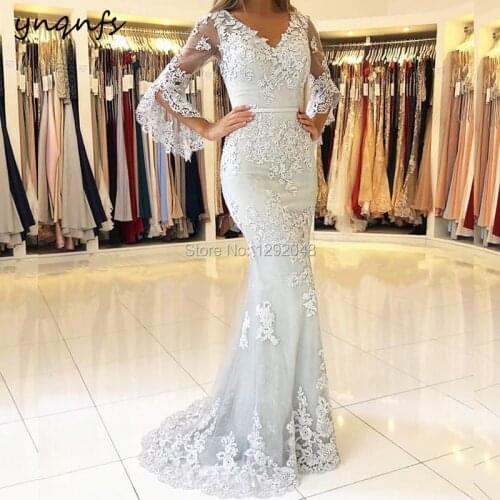 YNQNFS M02 Chic V Neck Long Sleeves Silver Gray Mother of the Bride Lace Dresses Groom Mother Long Gown Robe de Soiree Longue