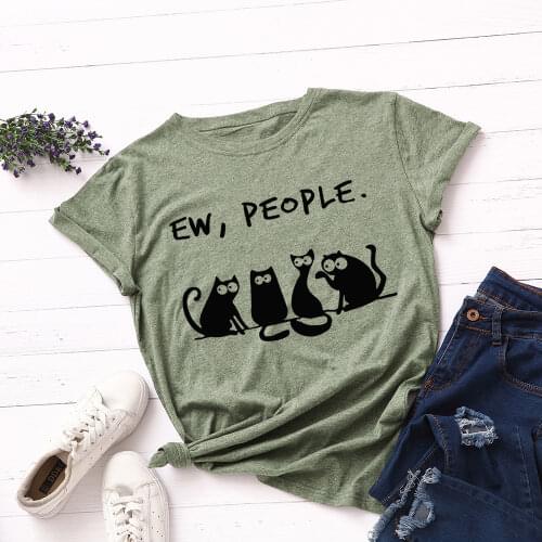100% Cotton TShirts Kawaii Cat Print Women T Shirt O Neck Casual Short Sleeve Graphic Tees Tops Black Clothing Женская футболка