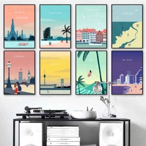 Cartoon Travel City Landscape Canvas Painting Nordic Posters And Prints Modular Art Wall Picture For Living Room Home Decoration
