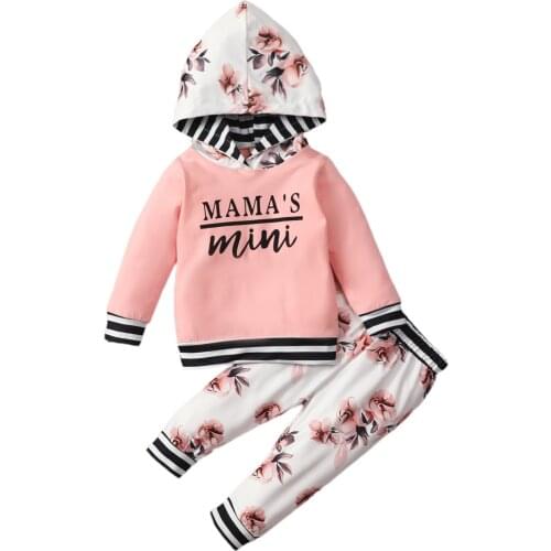 2Pcs Autumn Little Girls Clothes Outfit Toddlers Stripe Splicing Long Sleeve Letter Hooded Tops + Floral Printing Long Pants Set
