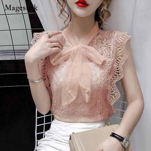 Korean Fashion Clothing Solid Hollow Out Shirt Vintage Sleeveless Shirt 2021 Womens Tops and Blouses Lace Patchwork Blusas 9811