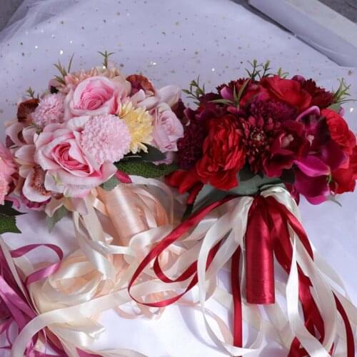 Red Pink Wedding Bouquet Handmade Artificial Flower Rose Bride Holding Flowers Romantic Wedding Colorful Bride 's Bouquet PH008