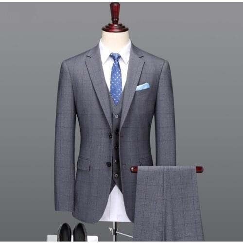 Men suit 2018 summer smart casual single breasted plus size mens suits with pants prom suits men suits for wedding grey plaid