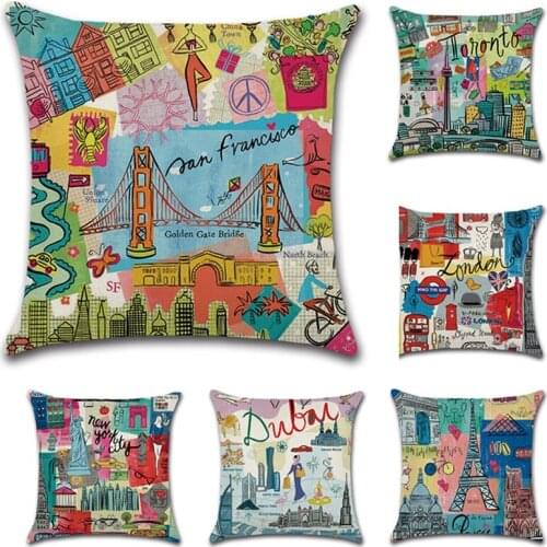 Hand Painted Cushion Cover Linen Throw Pillow case Car Home Decoration Decorative Pillowcase cartoon City 45*45cm