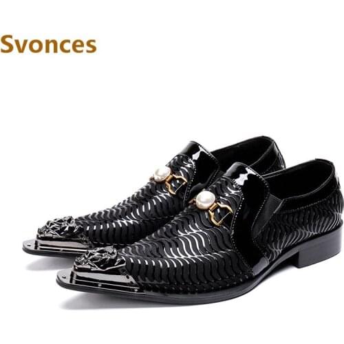 Newest Black Gentleman Dress Shoes Metal Pointed Toe Patchwork Pearl Designer Wedding Party Brand Customized Shoes Men Plus Size