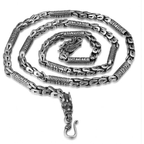 New S925 silver jewelry retro 5MM mighty dragon scales necklace for man mantra personality double-headed man necklace