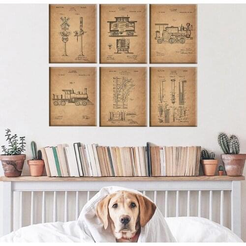 Hd print poster railway train patent print 6 sets of photos Locomotive Railway Canvas Wall Art living room life decoration frame