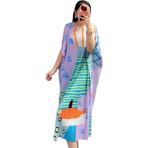 HOT SELLING Miyake new style o-neck dress splice loose irregular print dress IN STOCK