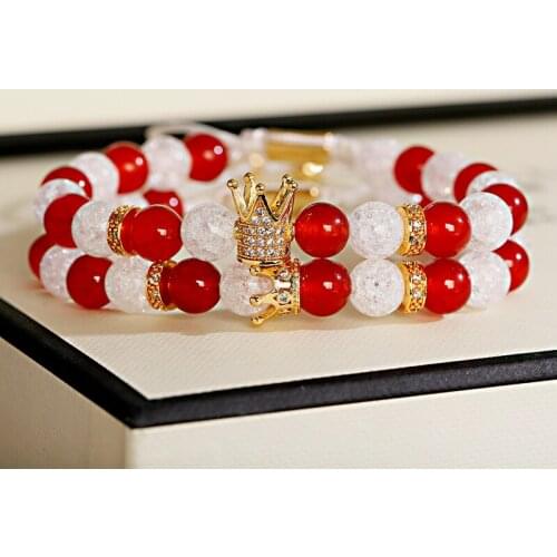 Luxury Crown Couple Bracelet Homme Men Fashion Women Zircon Red&White Stone Beads Bracelet Dropshipping