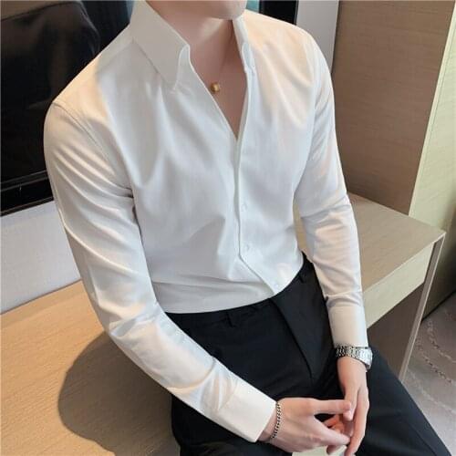 Solid Color Men Shirts V-neck Long Sleeve Casual Shirt Streetwear Social Nightclub Shirt Slim Tops Male Clothes Camisa Masculina