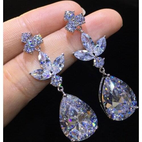 Marquise Cut Flower Zirconia Crystal Long Drop Earrings for Women Stamp Shiny Leaf CZ Bridal Wedding Silver color Jewelry