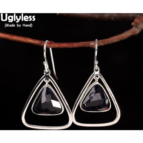 Uglyless Geometric Simple Triangle Earrings for Women Noble Blue Sand Stones Earrings 925 Silver Hollow Triangle Dress Jewelry
