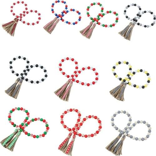 Nordic Wood Bead Garland with Tassels Farmhouse Beads Rustic Country Decor Kid Room Wall Hanging Ornament Home Decor