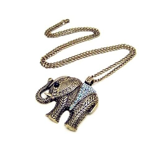 Kili Vintage Retro Bronze Large Elephant CLear Crystal Long Necklace Animal