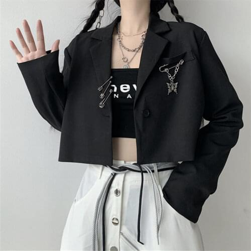 Womens Blouse Black Suit Jacket Loose Bf Short High Waist Suit Jacket Harajuku Vintage Undefined Top Dropshipping Cardigan Para