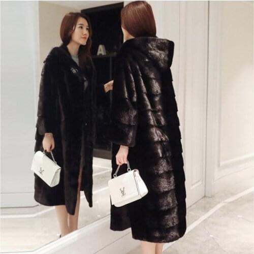 S/6Xl Womens Long Section Imitation Fur Outwears Plus Size Black Hooded Fake Mink Fur Overcoats Fashion Faux Fur Jackets K1220