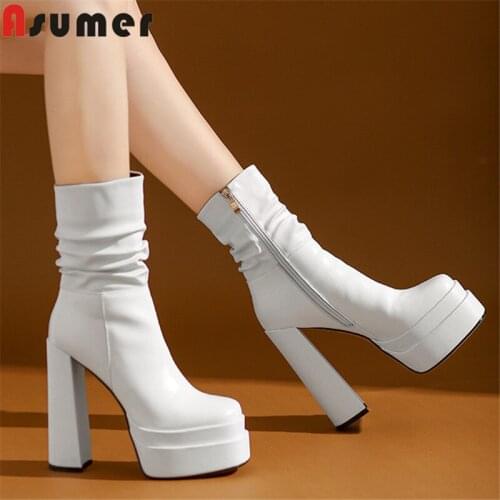Asumer Hot Sale Sexy Super High Heels Platform Boots Women Shoes Genuine Leather Footwear Pleated Zip Winter Ankle Boots Woman