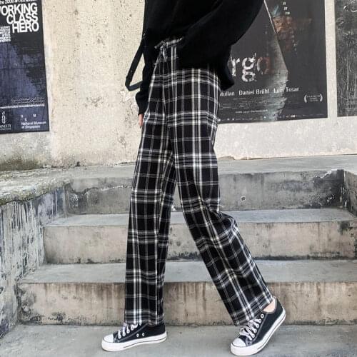 Women High Waist Pants Casual Plaid Long Wide Leg Harem Pant Harajuku Loose Design Office Lady Elastic Bottom Trousers