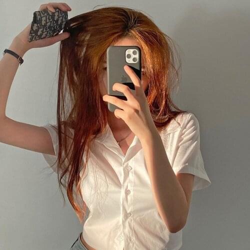 Summer Women T-Shirt Fashion Solid Color Cardigan Casual Short Sleeve Lapel Exposed Navel Pleated Shirt Streetweard