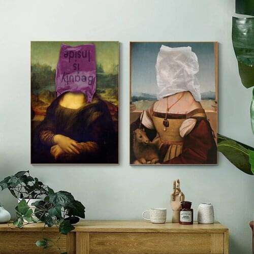 Famous Da Vinci Mona Lisa Beauty Is Inside Canvas Painting Poster Prints Wall Art Retro Funny Art Picture Living Room Home Decor