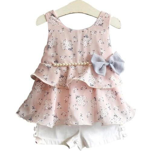 ZWF638 Girls Sets Summer New Boutique Childrens Clothing Female Baby Chiffon Sling Floral Sleeveless Shirt + Shorts Two-piece