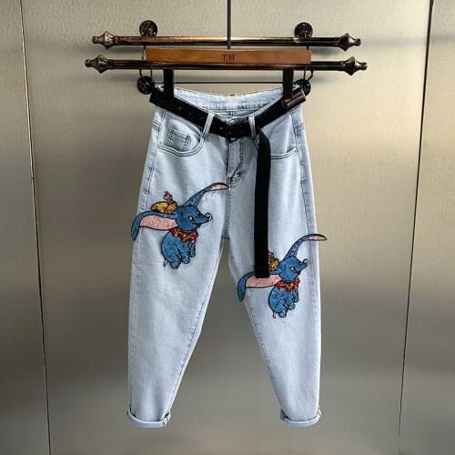 2021 New Femme Fashion Casual Bleached Jeans Women Straight Jeans Little Elephant Embroidery Patchwork Korean Loose Denim Pants