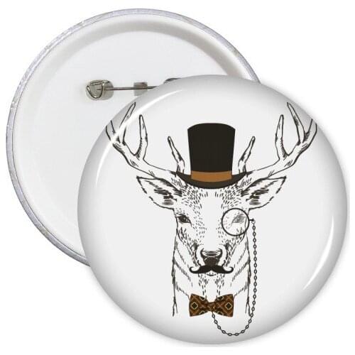 5pcs British Style Gentle Beard Deer With Glass Hat Bow Tie Animal Illustration Round Pin Badge Clothing Patche Kid Gift Brooche