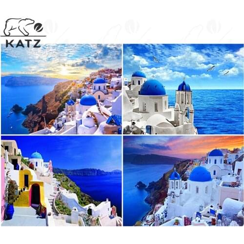 Diamond Painting Embroidery Landscape Painting Rhinestone Seaside Diamond Mosaic Blue Beautiful Town Full of Diamond Wall Decor