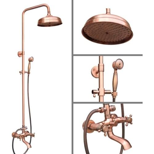 Antique Red Copper Wall Mounted 8 inch Rain Bathroom Rainfall Shower Faucet Set with Hand Spray Shower Head Tub Mixer Tap 2rg511