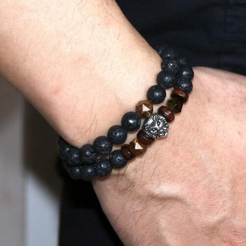 2pcs/set Men Bracelet Natural Stone Bead Tibetan Buddha Bracelet Chakra Lava Stone Diffuser Bracelets For Men Jewelry Gifts