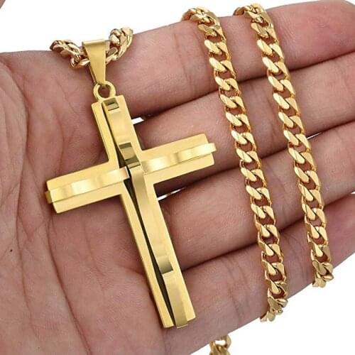 Cross Pendant Necklace for Men Black Gold Silver Color Cuban Link Chain Stainless Steel Pendant Necklace Men Hip Hop Jewelry